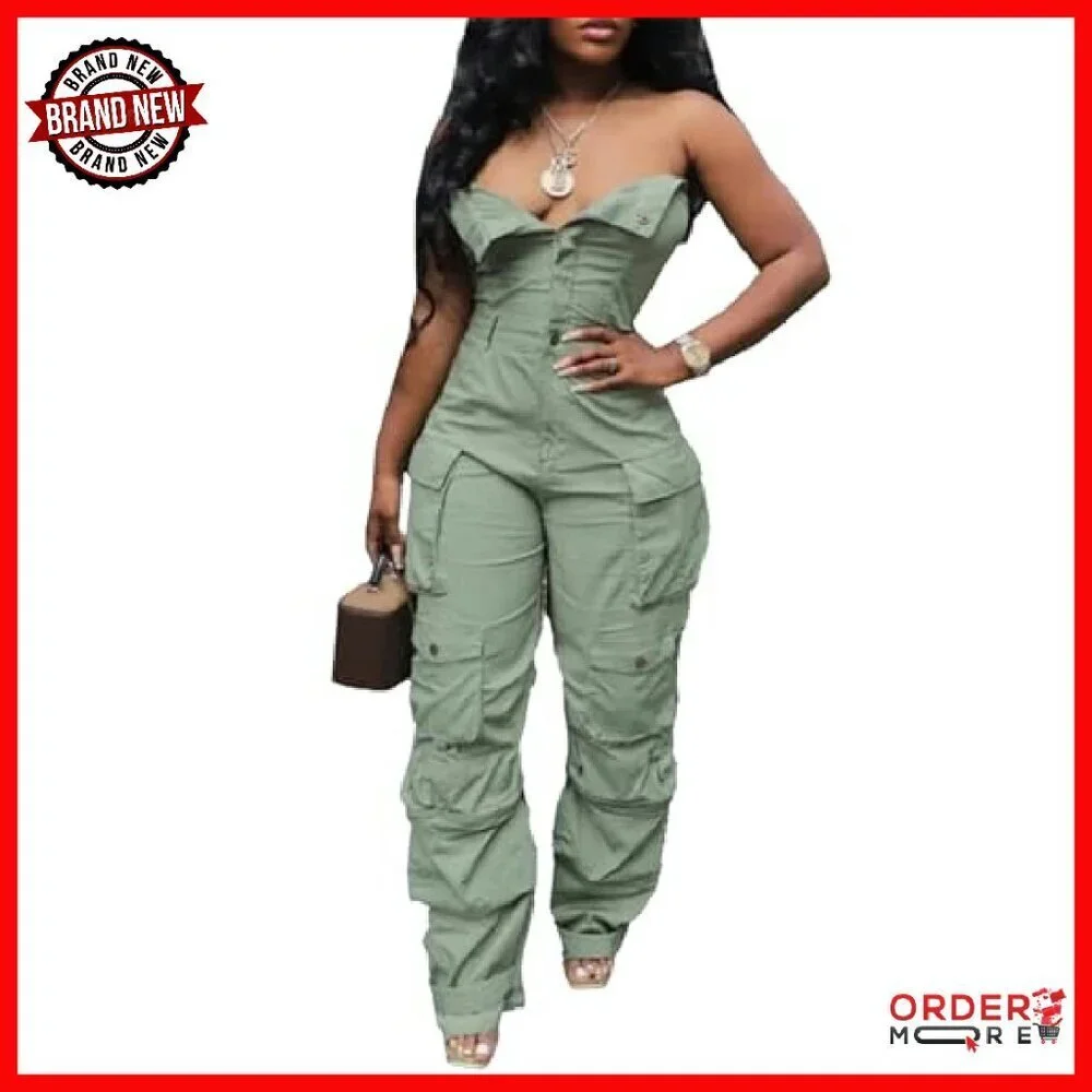 Strapless Denim Jumpsuit Wide Leg Multi Pockets Loose Fit Jean Romper